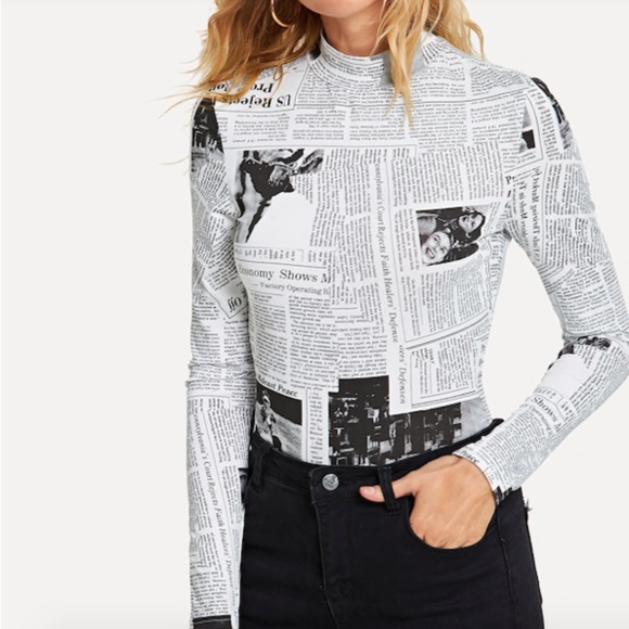 Printed Newspaper Stretch MockNeck Long Sleeve Top - Picture 5 of 6